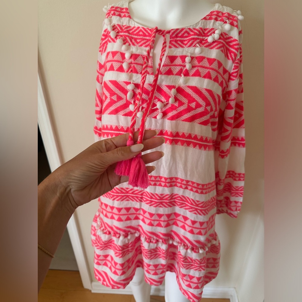 SAIL TO SABLE STRIPE LONG SLEEVE RUFFLE HEM DRESS - WHITE/PINK - Picture 10 of 12